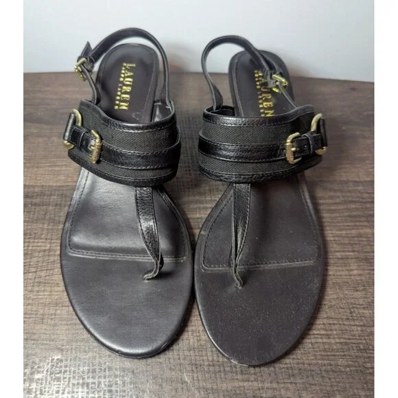 Ralph Lauren Womens Leather Adjustable Slingback T-Strap Thong Sandal Black 8 - Picture 2 of 11